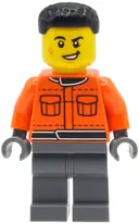 Minifigurka: CTY2001:  Formula 1 Pit Crew Member - Male, Reddish Orange Racing Suit with Pockets, Dark Bluish Gray Legs, Black Hair, Scuff Mark