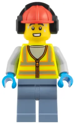 CTY2007:  Airport Worker - Male, Neon Yellow Safety Vest with Reflective Stripes, Sand Blue Legs, Red Construction Helmet with Black Ear Protectors / Headphones