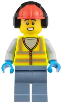 Minifigurka: CTY2007:  Airport Worker - Male, Neon Yellow Safety Vest with Reflective Stripes, Sand Blue Legs, Red Construction Helmet with Black Ear Protectors / Headphones