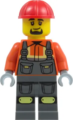 CTY2009:  Construction Worker - Male, Dark Bluish Gray Overalls over Reddish Orange Safety Jacket with Reflective Stripes, Dark Bluish Gray Legs with Knee Pads, Red Construction Helmet, Goatee