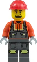 Minifigurka: CTY2009:  Construction Worker - Male, Dark Bluish Gray Overalls over Reddish Orange Safety Jacket with Reflective Stripes, Dark Bluish Gray Legs with Knee Pads, Red Construction Helmet, Goatee