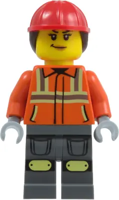 CTY2010:  Construction Worker - Female, Reddish Orange Safety Jacket with Reflective Stripes, Dark Bluish Gray Legs with Knee Pads, Red Construction Helmet with Dark Brown Ponytail Hair, Smirk