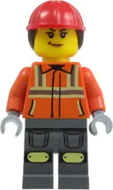 Minifigurka: CTY2010:  Construction Worker - Female, Reddish Orange Safety Jacket with Reflective Stripes, Dark Bluish Gray Legs with Knee Pads, Red Construction Helmet with Dark Brown Ponytail Hair, Smirk