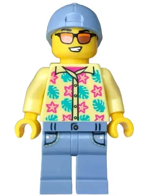 CTY2012:  Streetcar Passenger - Male, Bright Light Yellow Shirt with Flowers and Leaves, Sand Blue Legs with Pockets and Cap