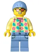 Minifigurka: CTY2012:  Streetcar Passenger - Male, Bright Light Yellow Shirt with Flowers and Leaves, Sand Blue Legs with Pockets and Cap