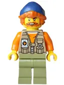 Minifigurka: CTY2013:  Fisherman - Dark Tan Vest over Orange Shirt, Olive Green Legs, Dark Blue Beanie, Dark Orange Hair