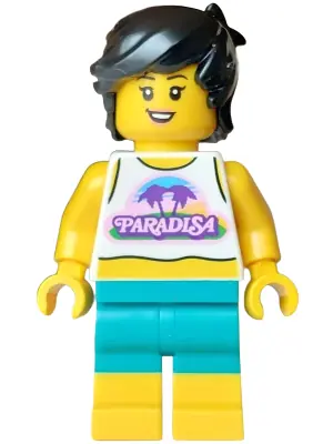 CTY2014:  Surfer - Female, White Tank Top Cropped, Dark Turquoise Shorts, Black Hair Short Tousled