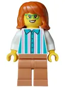 Minifigurka: CTY2015:  Ice Cream Vendor - Female, White Shirt with Dark Turquoise Stripes, Medium Nougat Legs, Dark Orange Hair, Green Glasses