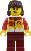 Minifigurka: CTY2016:  Pizza Delivery Driver - Female, Dark Red Legs, Dark Brown Hair Mid-Length