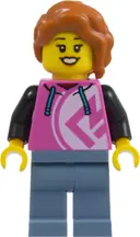 Minifigurka: CTY2019:  Pizza Restaurant Patron - Female, Dark Pink Hoodie, Sand Blue Legs, Dark Orange Hair