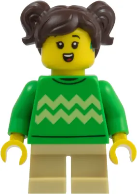 CTY2020:  Child - Girl, Bright Green Sweater with Bright Light Yellow Zigzag Lines, Hearing Aid, Tan Short Legs, Dark Brown Hair with Pigtails