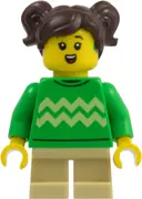 Minifigurka: CTY2020:  Child - Girl, Bright Green Sweater with Bright Light Yellow Zigzag Lines, Hearing Aid, Tan Short Legs, Dark Brown Hair with Pigtails