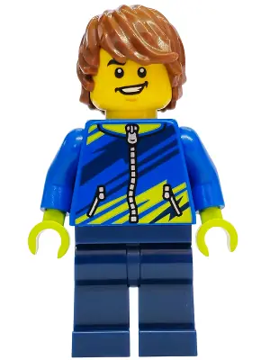 CTY2021:  Mountain Bike Cyclist - Male, Blue Jacket with Dark Blue and Lime Diagonal Stripes, Dark Blue Legs, Reddish Brown Hair