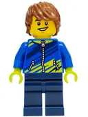 Minifigurka: CTY2021:  Mountain Bike Cyclist - Male, Blue Jacket with Dark Blue and Lime Diagonal Stripes, Dark Blue Legs, Reddish Brown Hair