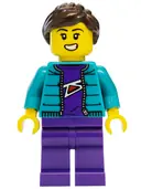 Minifigurka: CTY2022:  Mountain Bike Cyclist -  Female, Dark Turquoise Jacket, Dark Purple Legs, Dark Brown Ponytail