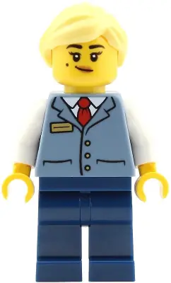 CTY2023:  Station Master - Female, Sand Blue Vest over White Shirt, Dark Blue Legs, Bright Light Yellow Ponytail