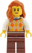 Minifigurka: CTY2025:  Passenger - Female, Tan Knit Argyle Sweater Vest, Reddish Brown Legs, Dark Orange Hair