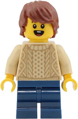 CTY2026:  Passenger - Boy, Tan Knit Cable Sweater, Dark Blue Medium Legs, Reddish Brown Tousled Hair