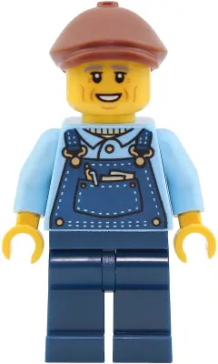 CTY2027:  Train Driver - Male, Bright Light Blue Shirt, Dark Blue Overalls and Legs, Reddish Brown Flat Cap