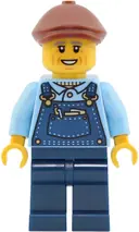Minifigurka: CTY2027:  Train Driver - Male, Bright Light Blue Shirt, Dark Blue Overalls and Legs, Reddish Brown Flat Cap