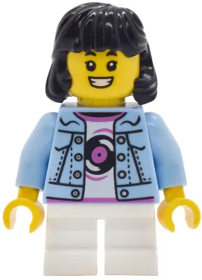 CTY2031:  Lava Land Patron - Child, Girl, Bright Light Blue Denim Jacket over Shirt with Record, White Short Legs, Black Hair