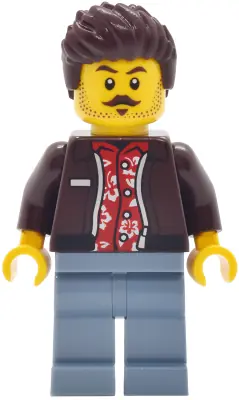 CTY2036:  Car Wash Patron - Male, Dark Brown Jacket over Red Hawaiian Shirt, Sand Blue Legs, Dark Brown Hair