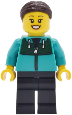 CTY2037:  Car Wash Patron - Female, Dark Turquoise Track Suit, Black Legs, Dark Brown Hair