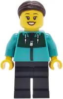 Minifigurka: CTY2037:  Car Wash Patron - Female, Dark Turquoise Track Suit, Black Legs, Dark Brown Hair