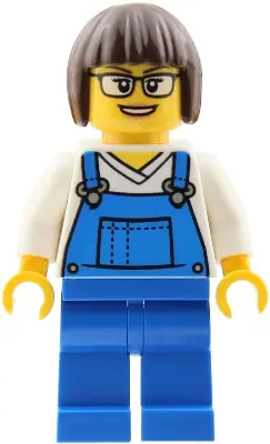 CTY2039:  Truck Driver - Female, Blue Overalls over V-Neck Shirt, Blue Legs, Dark Brown Bob Cut Hair, Glasses