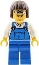Minifigurka: CTY2039:  Truck Driver - Female, Blue Overalls over V-Neck Shirt, Blue Legs, Dark Brown Bob Cut Hair, Glasses