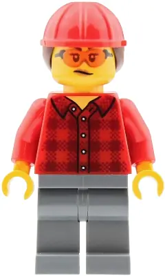CTY2040:  Mobile Crane Operator - Female, Red Plaid Flannel Shirt, Dark Bluish Gray Legs, Red Construction Helmet with Dark Brown Ponytail Hair, Safety Glasses