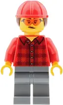 Minifigurka: CTY2040:  Mobile Crane Operator - Female, Red Plaid Flannel Shirt, Dark Bluish Gray Legs, Red Construction Helmet with Dark Brown Ponytail Hair, Safety Glasses