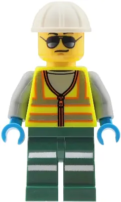 CTY2041:  Train Worker - Male, Neon Yellow Safety Vest with Reflective Stripes, Dark Green Legs with Reflective Stripes, White Construction Helmet, Sunglasses