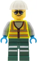 Minifigurka: CTY2041:  Train Worker - Male, Neon Yellow Safety Vest with Reflective Stripes, Dark Green Legs with Reflective Stripes, White Construction Helmet, Sunglasses