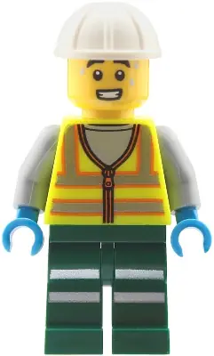 CTY2042:  Train Worker - Male, Neon Yellow Safety Vest with Reflective Stripes, Dark Green Legs with Reflective Stripes, White Construction Helmet, Sweat Drops