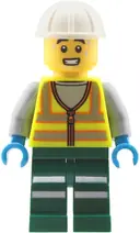 Minifigurka: CTY2042:  Train Worker - Male, Neon Yellow Safety Vest with Reflective Stripes, Dark Green Legs with Reflective Stripes, White Construction Helmet, Sweat Drops