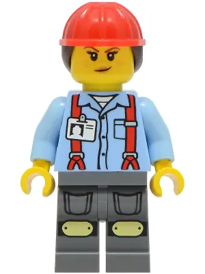 CTY2045:  Construction Worker - Female, Bright Light Blue Shirt with Red Suspenders, Dark Bluish Gray Legs with Knee Pads, Red Construction Helmet with Dark Brown Ponytail Hair