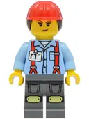 Minifigurka: CTY2045:  Construction Worker - Female, Bright Light Blue Shirt with Red Suspenders, Dark Bluish Gray Legs with Knee Pads, Red Construction Helmet with Dark Brown Ponytail Hair