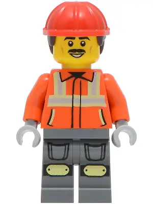 CTY2046:  Construction Worker - Male, Reddish Orange Safety Jacket with Reflective Stripes, Dark Bluish Gray Legs with Knee Pads, Red Construction Helmet with Dark Brown Short Curly Hair, Moustache