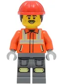 Minifigurka: CTY2046:  Construction Worker - Male, Reddish Orange Safety Jacket with Reflective Stripes, Dark Bluish Gray Legs with Knee Pads, Red Construction Helmet with Dark Brown Short Curly Hair, Moustache