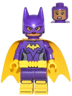 DIM044:  Batgirl - Minifigure, Dark Purple Suit, Yellow Cape, Smirk / Surprised