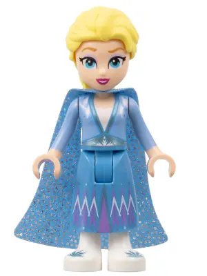 DIS125:  Elsa - Glitter Cape with Two Tails, Medium Blue Skirt with White Shoes, Small Open Mouth Smile