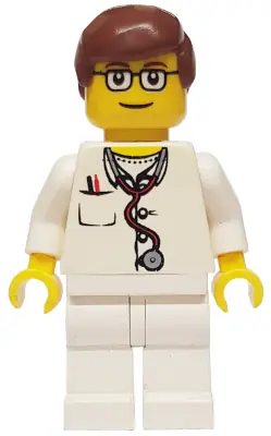 DOC021:  Doctor - Lab Coat Stethoscope and Thermometer, White Legs, Reddish Brown Male Hair, Glasses