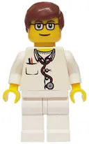 Minifigurka: DOC021:  Doctor - Lab Coat Stethoscope and Thermometer, White Legs, Reddish Brown Male Hair, Glasses