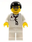 Minifigurka: DOC024:  Doctor - Lab Coat, Stethoscope and Thermometer, White Legs, Black Male Hair, Glasses