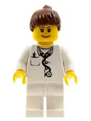 Minifigurka: DOC033:  Doctor - Lab Coat, Stethoscope and Thermometer, White Legs, Reddish Brown Female Ponytail Hair