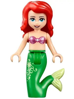 DP037:  Ariel, Mermaid (Light Nougat) - Metallic Pink Shell Bra Top, Bright Green Tail with Star and Filigree, Medium Azure Eyes