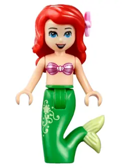 DP057:  Ariel, Mermaid (Light Nougat) - Metallic Pink Shell Bra Top, Bright Green Tail with Star and Filigree, Medium Blue Eyes, Bright Pink Flower