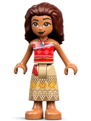DP163:  Moana (Medium Nougat) - Mini Doll, Coral and Red Strapless Top, Tan Long Skirt with Bright Light Orange Flowers, Dark Brown Hair