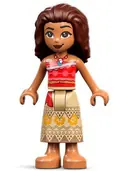Minifigurka: DP163:  Moana (Medium Nougat) - Mini Doll, Coral and Red Strapless Top, Tan Long Skirt with Bright Light Orange Flowers, Dark Brown Hair
